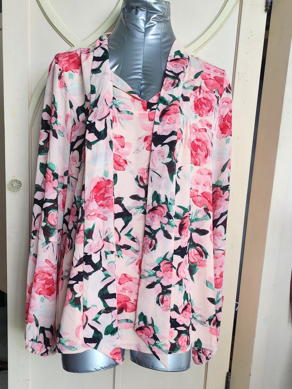 DKNY Pink Floral Tie-Neck Blouse